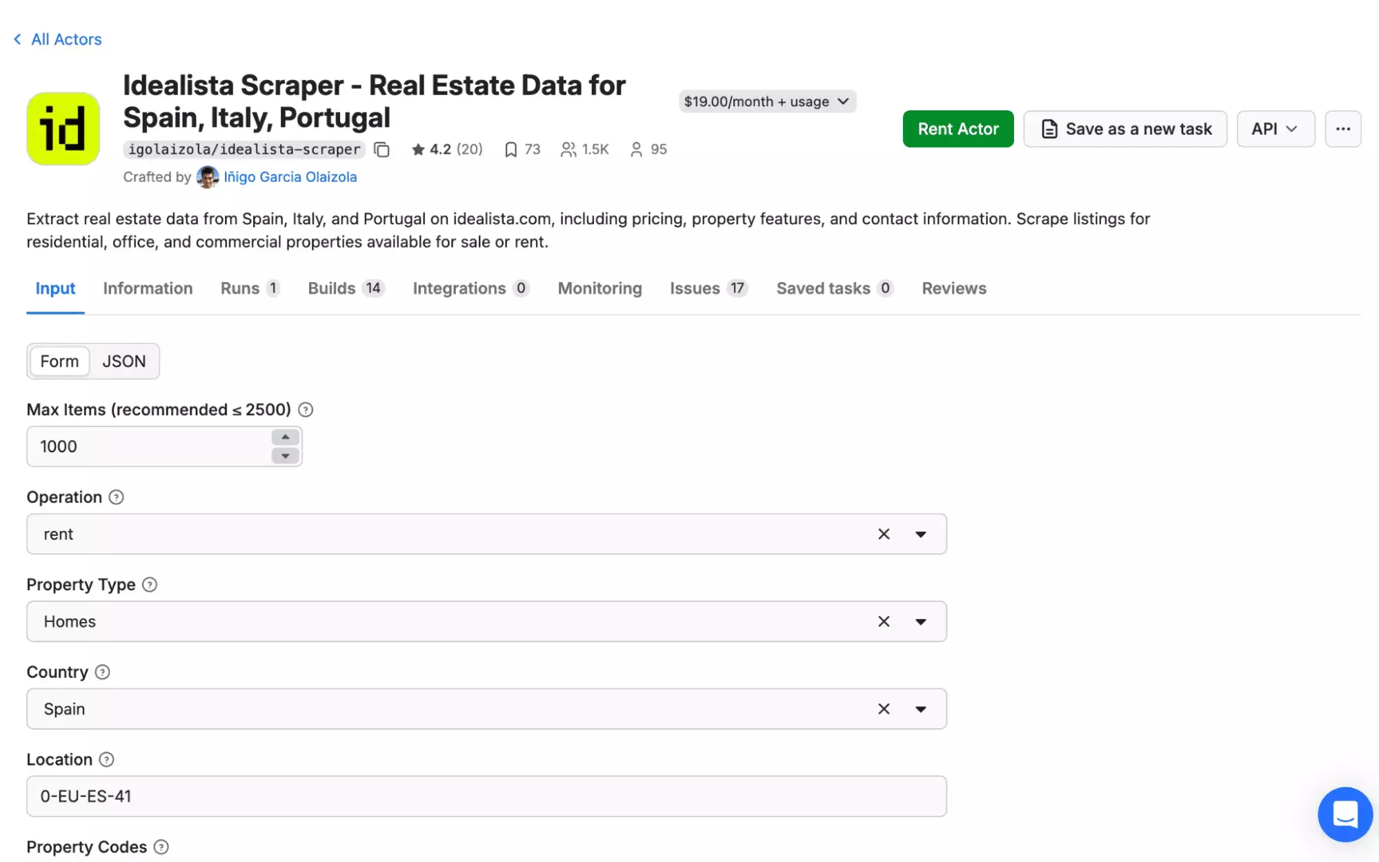 Apify Idealista scraper input form — operation, property type, country, and location fields
