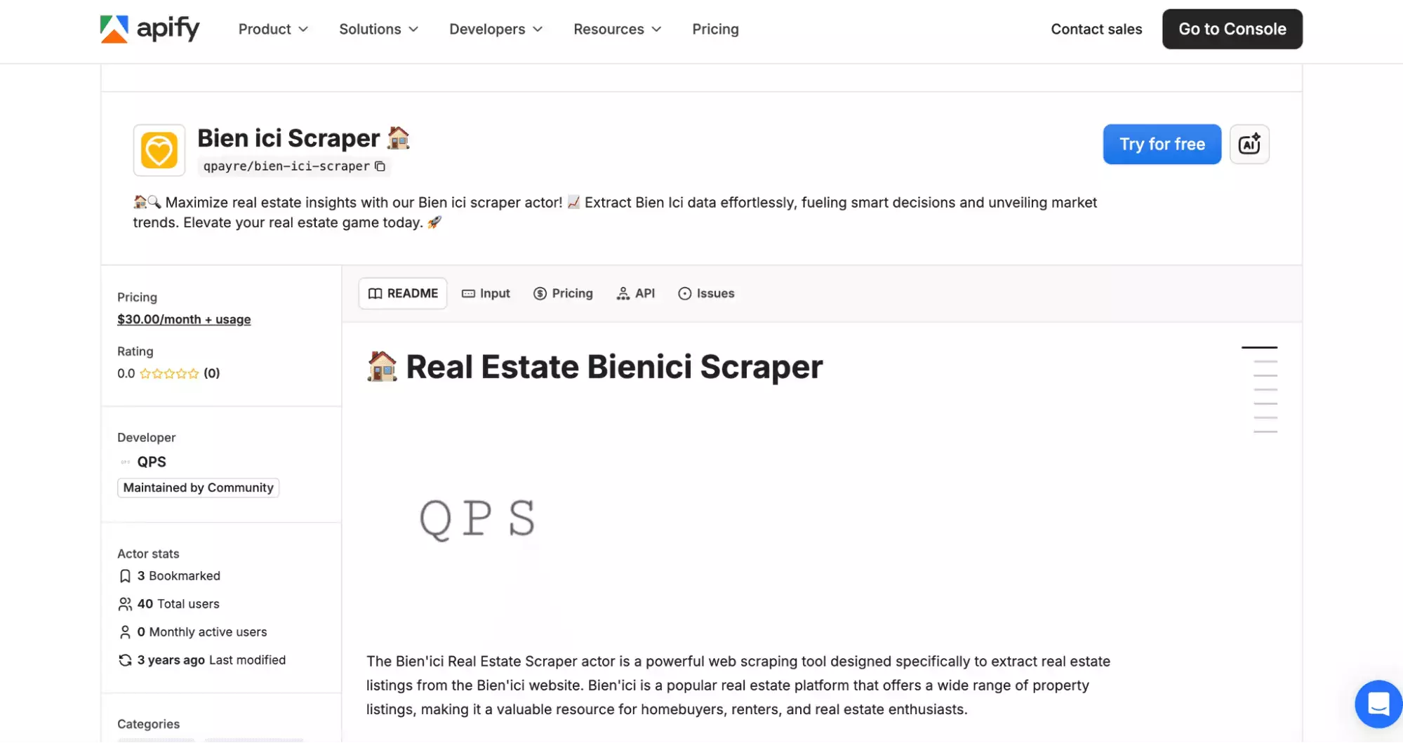Apify Bien'Ici scraper product page