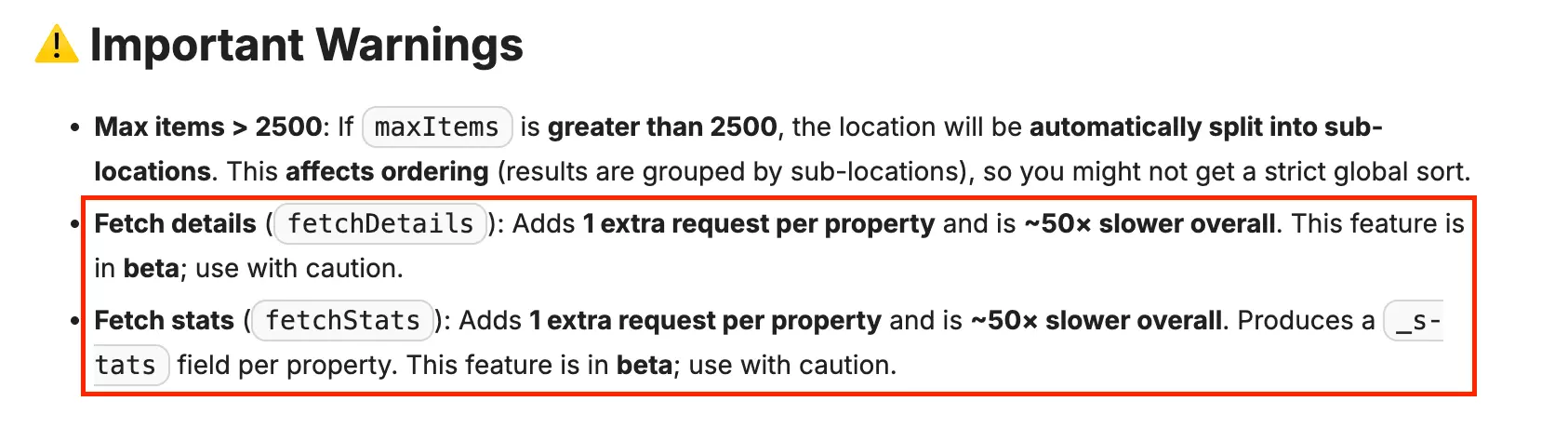 Apify documentation warning that Fetch Details and Fetch Stats make the actor 50x slower