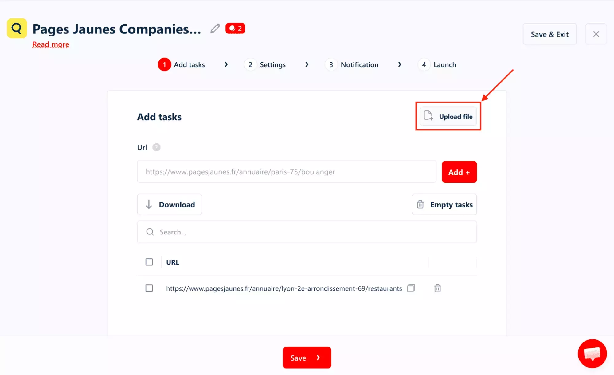lobstr.io CSV bulk upload for PagesJaunes URLs