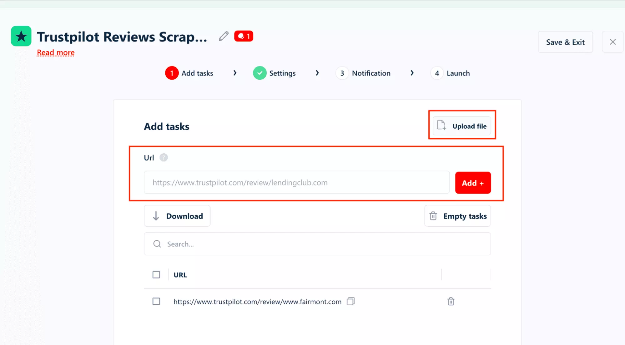 lobstr.io bulk URL and CSV upload interface