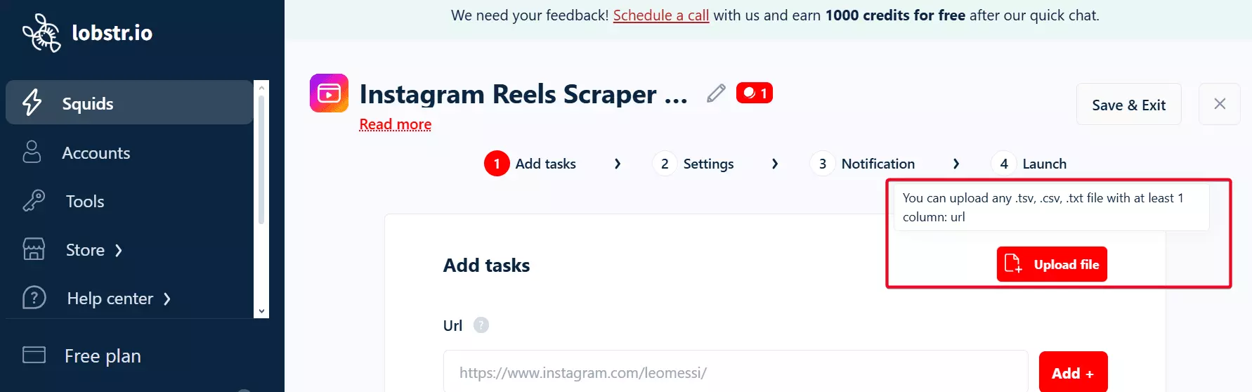Lobstr.io CSV bulk upload interface