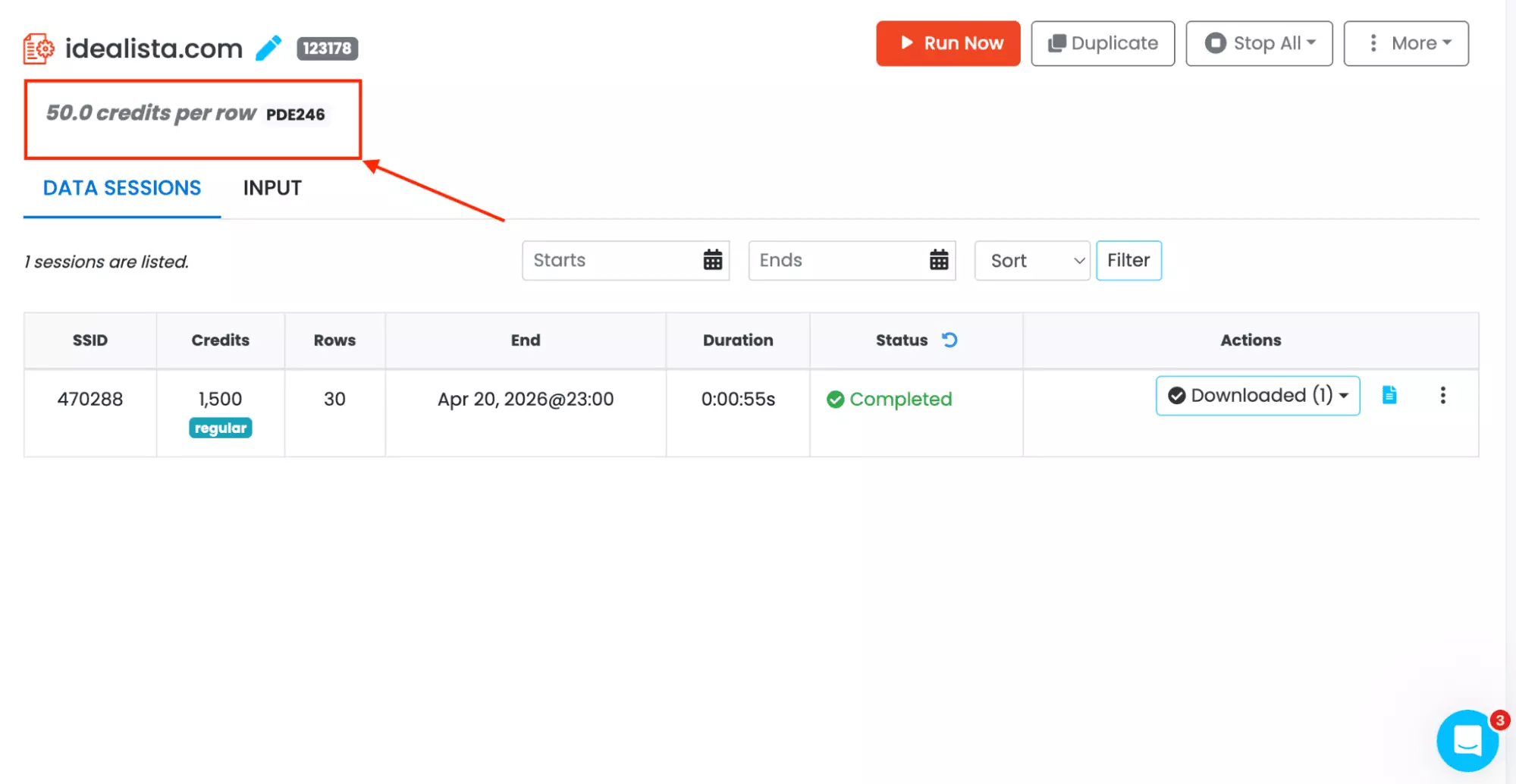 WebAutomation.io extractor settings showing 50 credits per row for Idealista