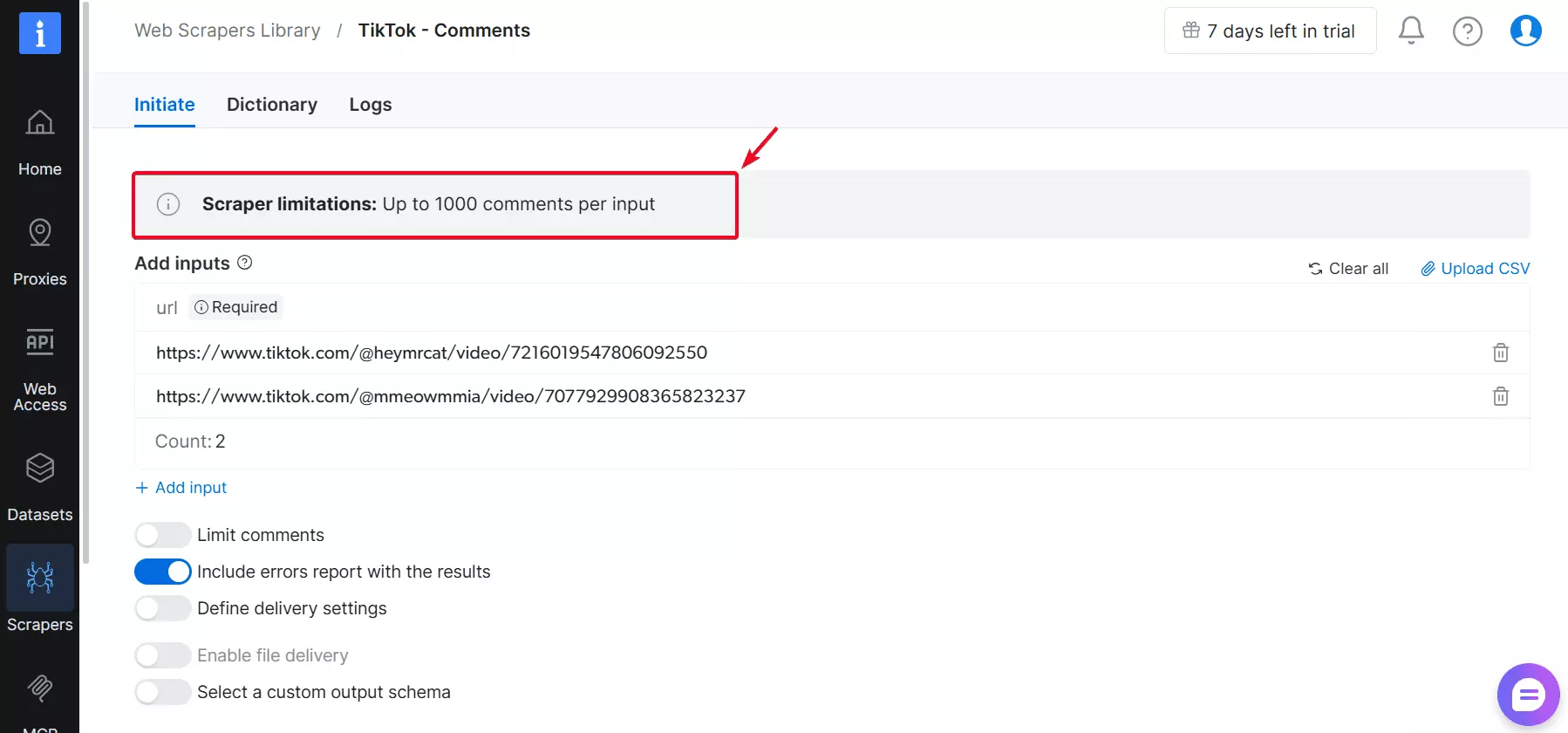 Bright Data 1,000 comments per post hard limit