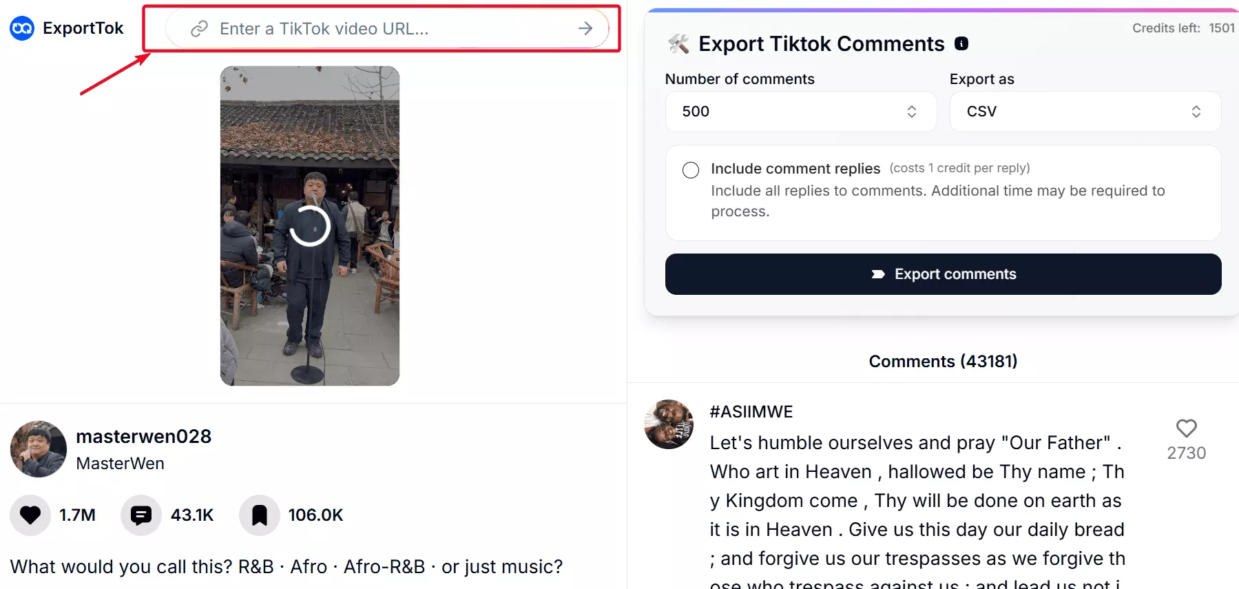 ExportTok single URL input — no bulk mode available