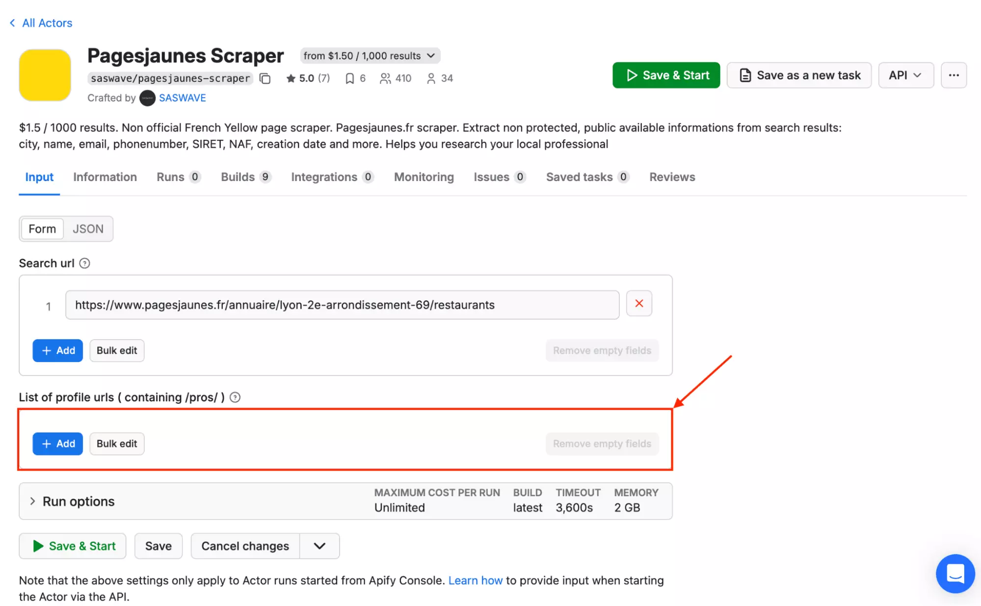Apify profile URL input