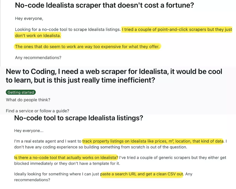 Reddit thread showing pain points when scraping Idealista