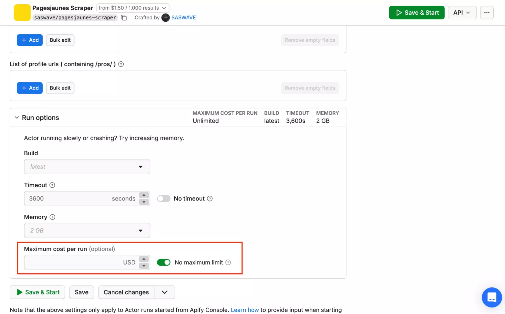 Apify maximum cost per run setting