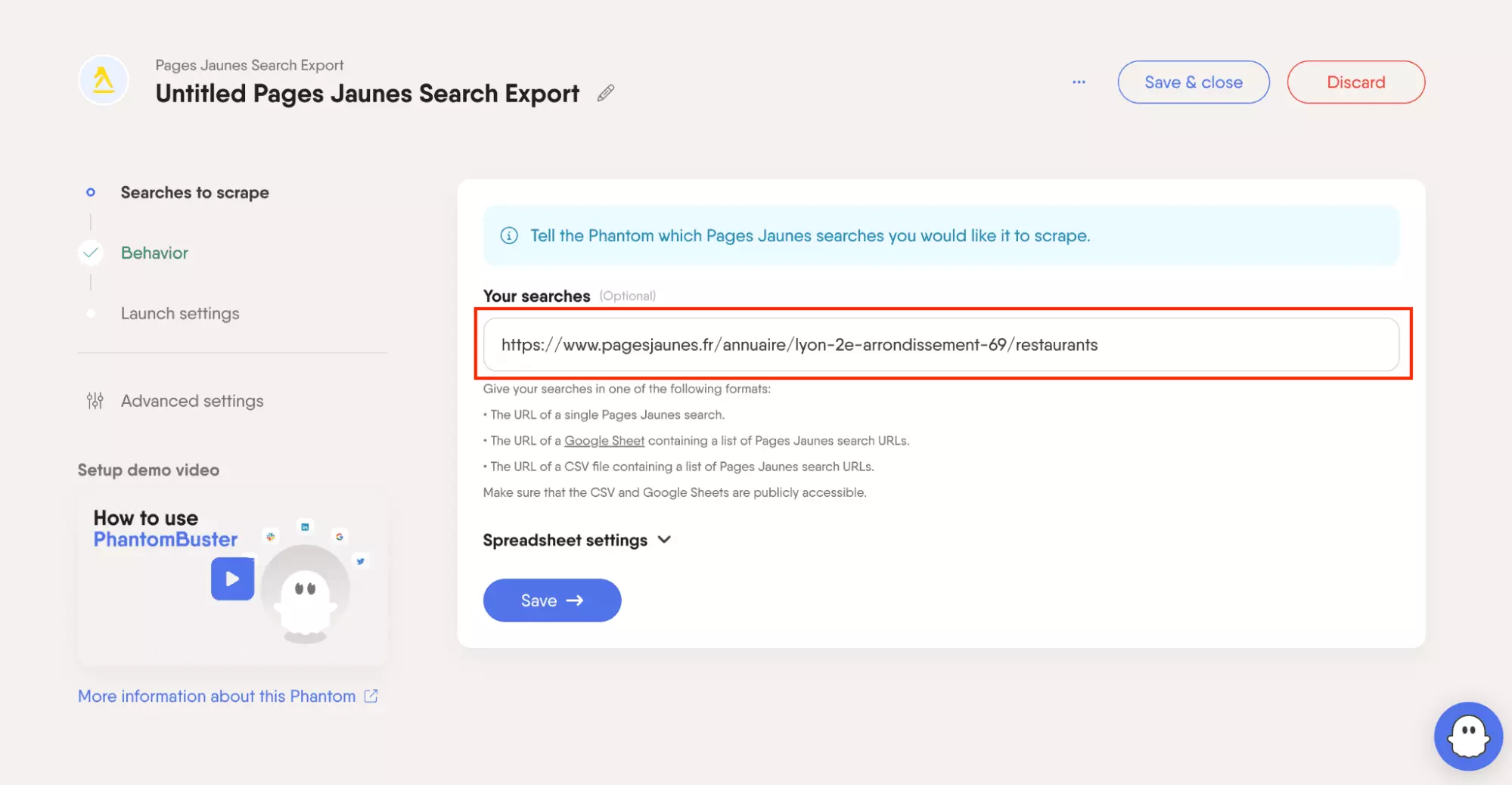 PhantomBuster URL input setup