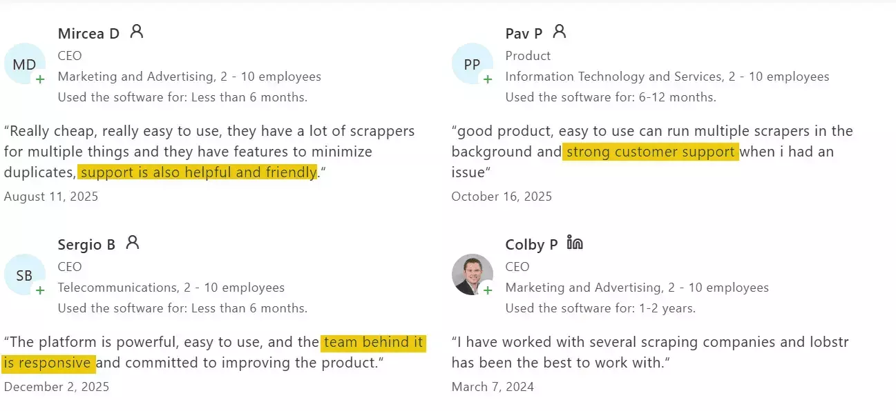 Customer support comparison for Bien'Ici scrapers