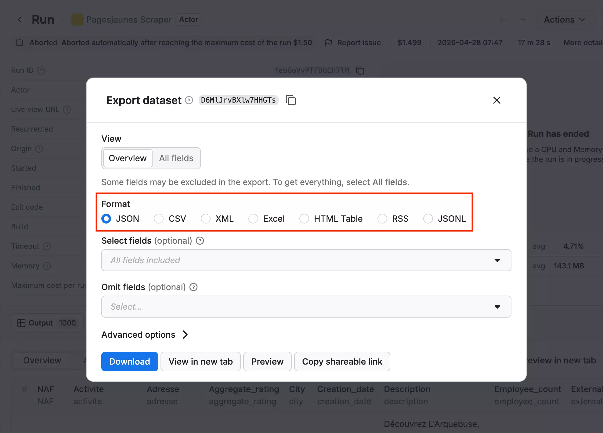 Apify export format options
