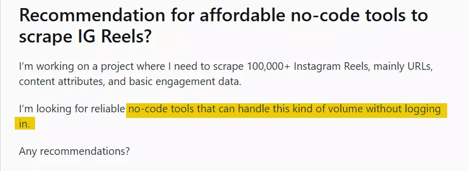 Community posts about Instagram Reel scraping challenges