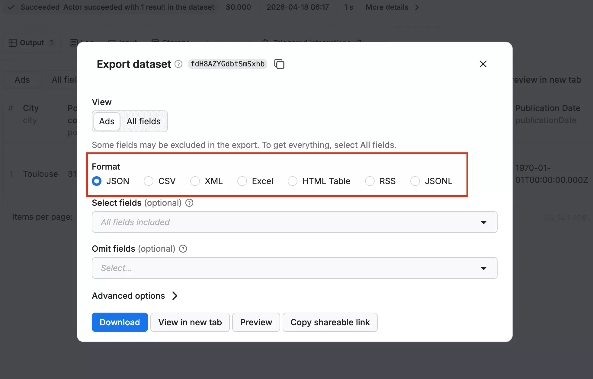 Apify export format options