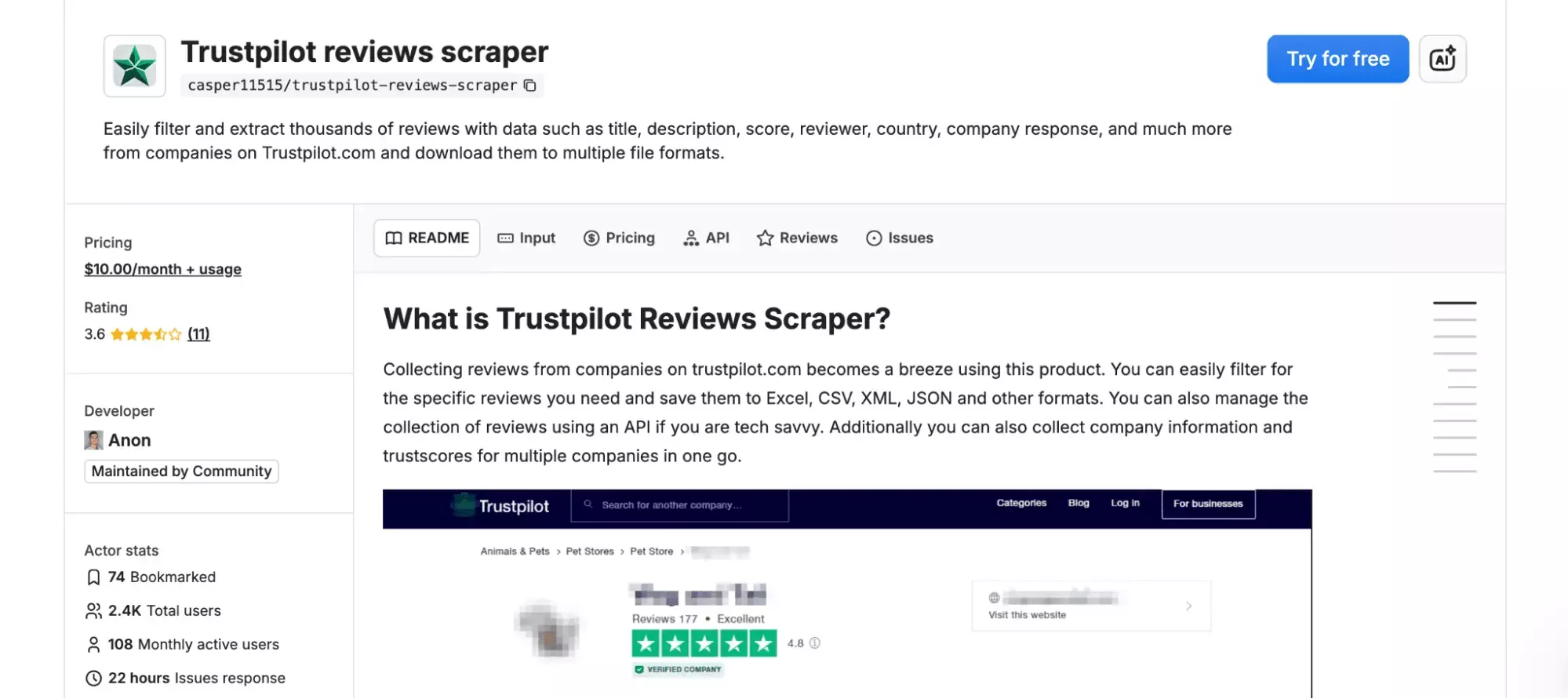 Apify Trustpilot scraper overview