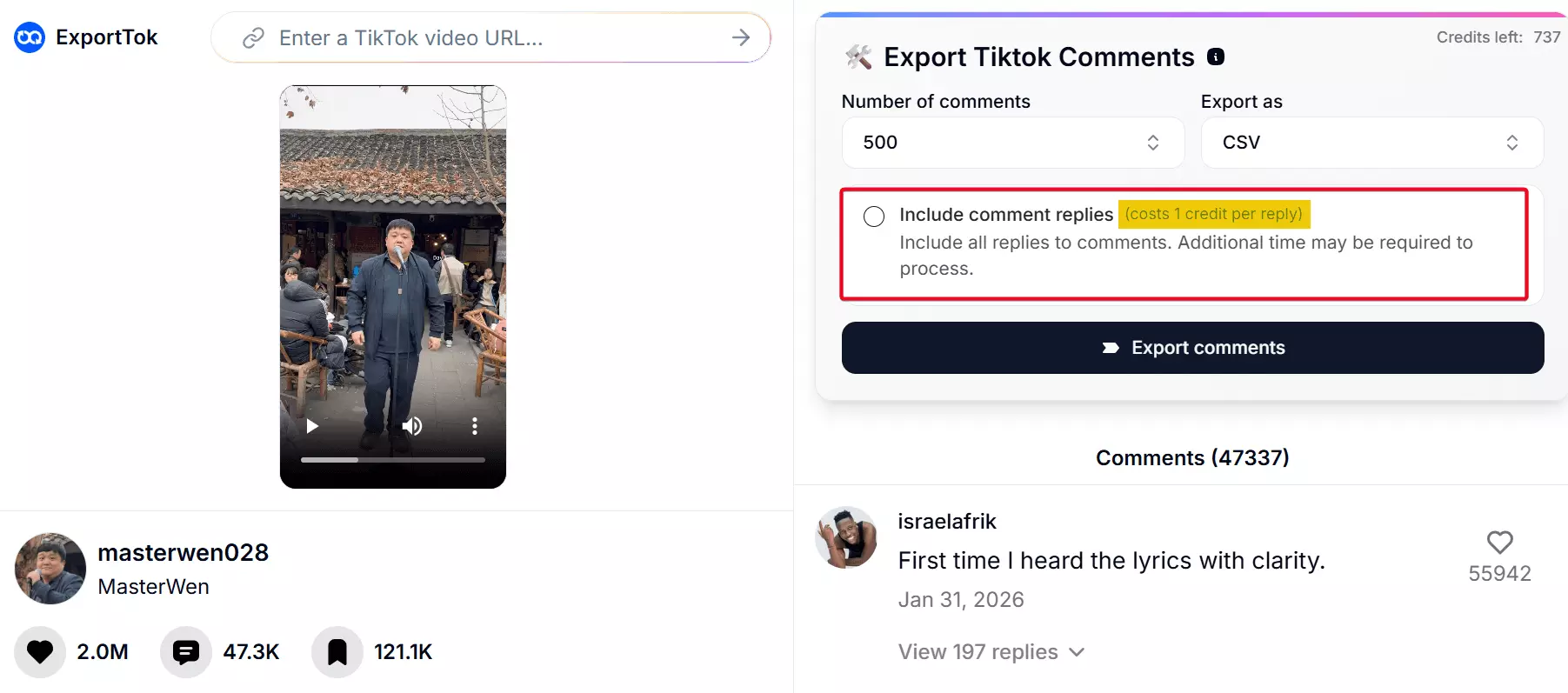 ExportTok credit consumption — replies count separately toward the limit