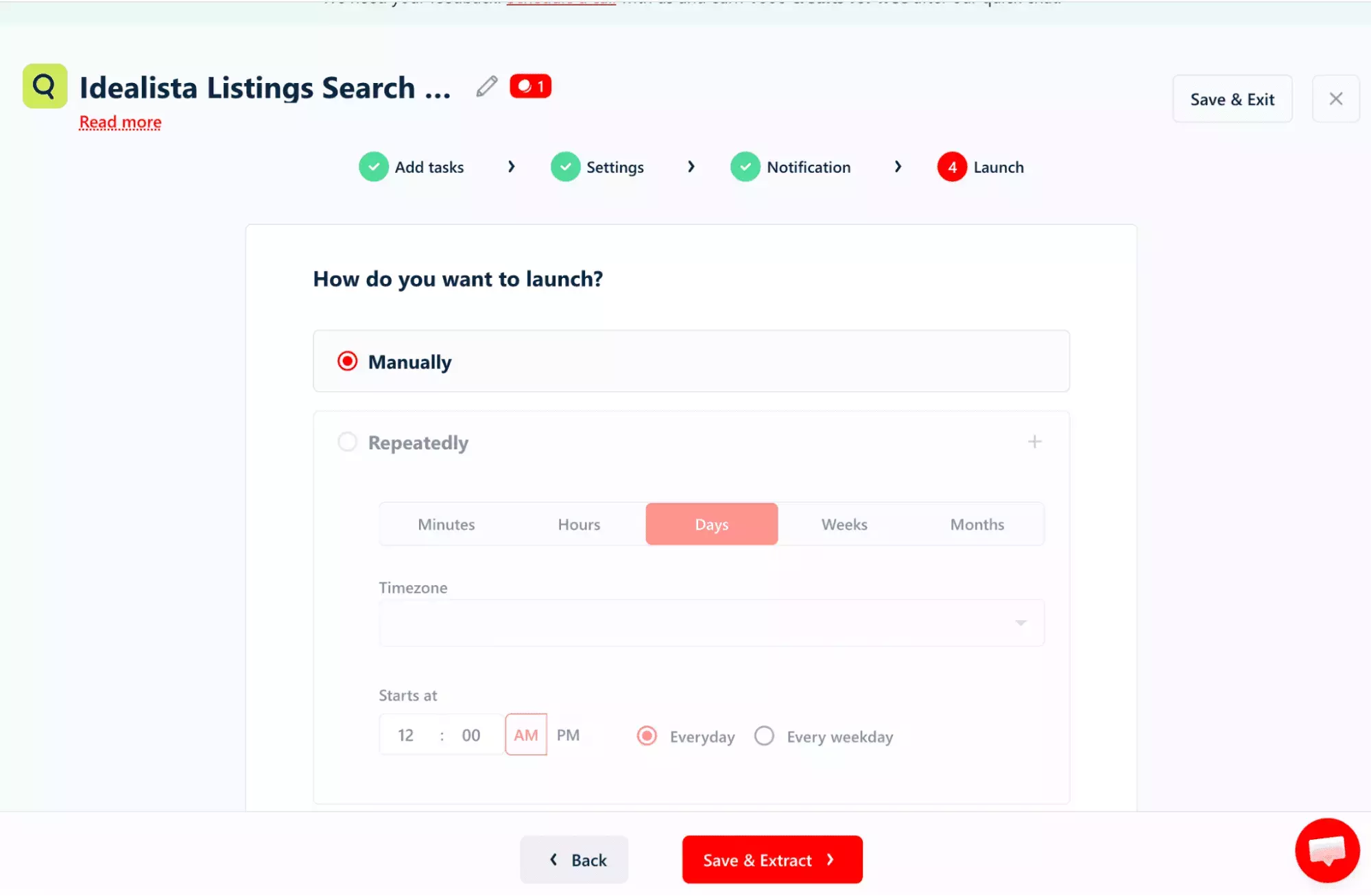 lobstr.io scheduling interface with timezone, frequency, and start time controls