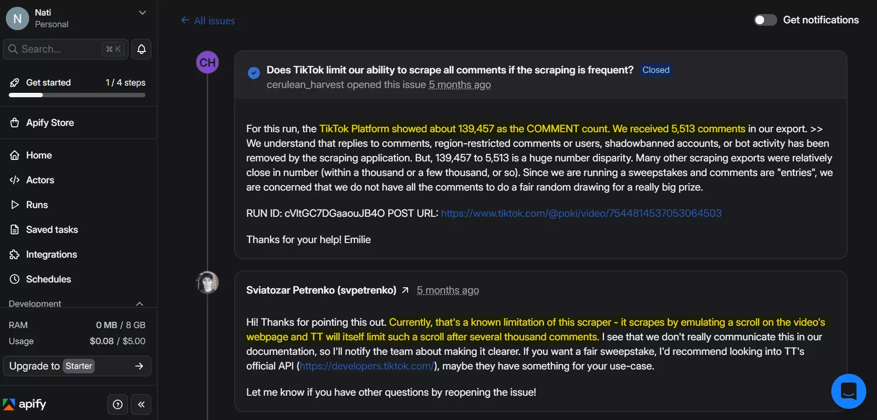 Apify known limitations when scraping at scale