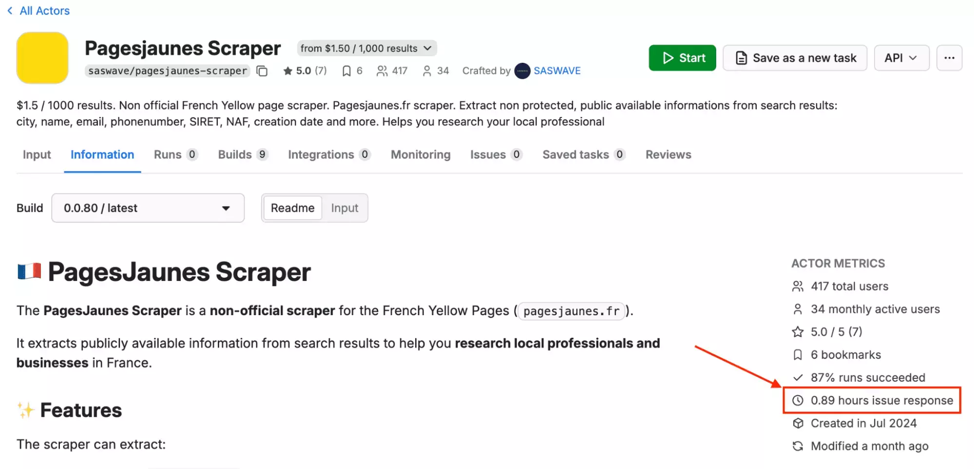 Apify showing an average 0.89-hour issue response time
