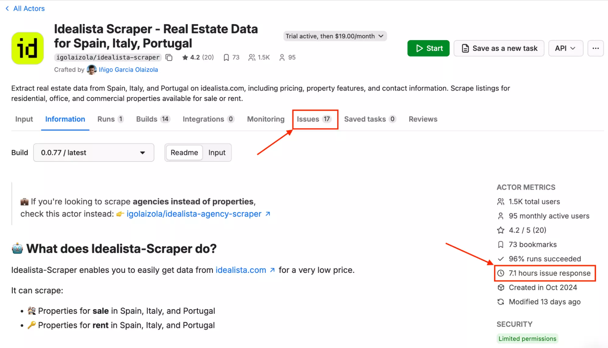 Apify support options — live chat, ticketing system, and Issues tab on the actor page