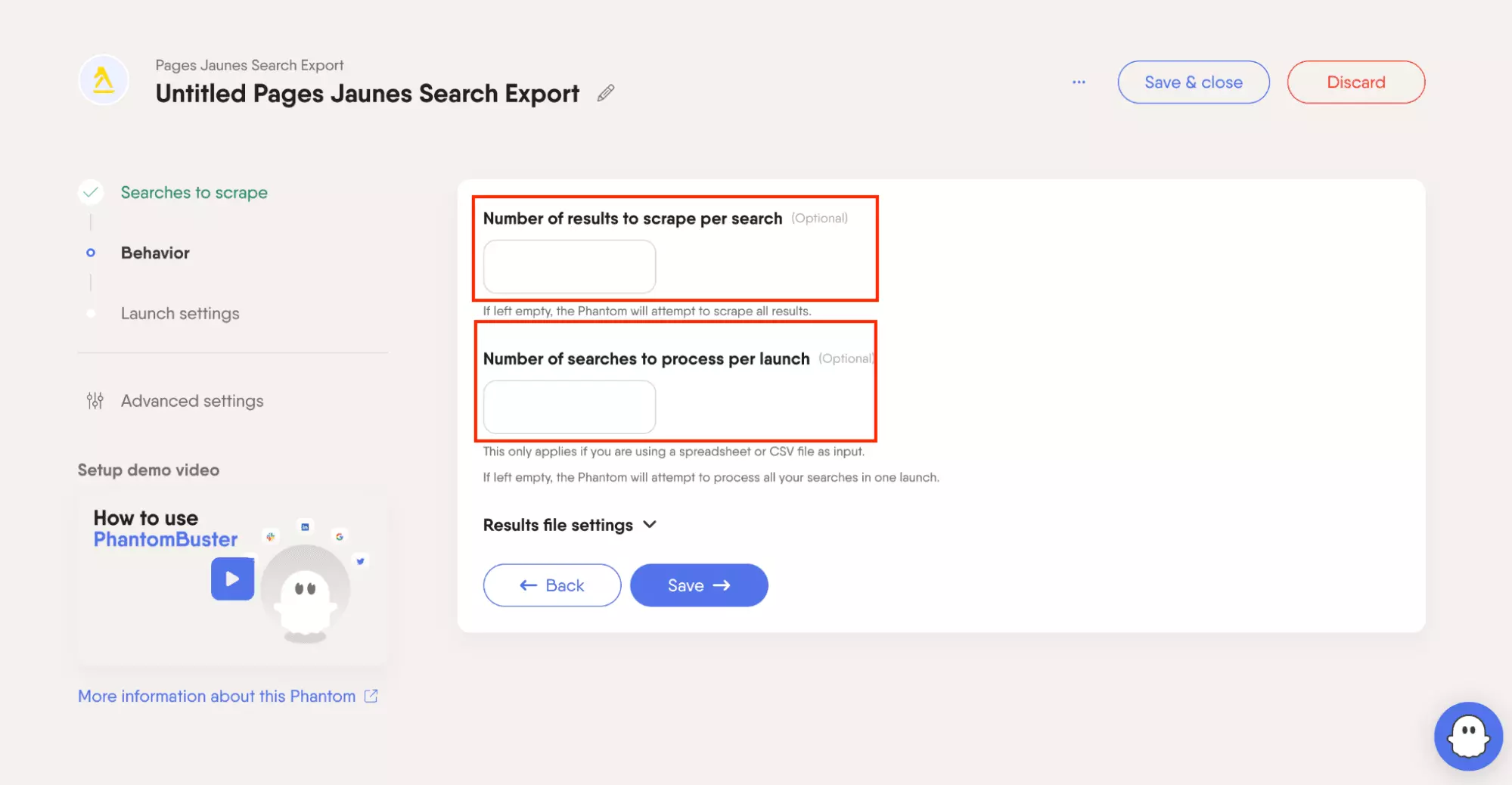 PhantomBuster per-search result limit setting