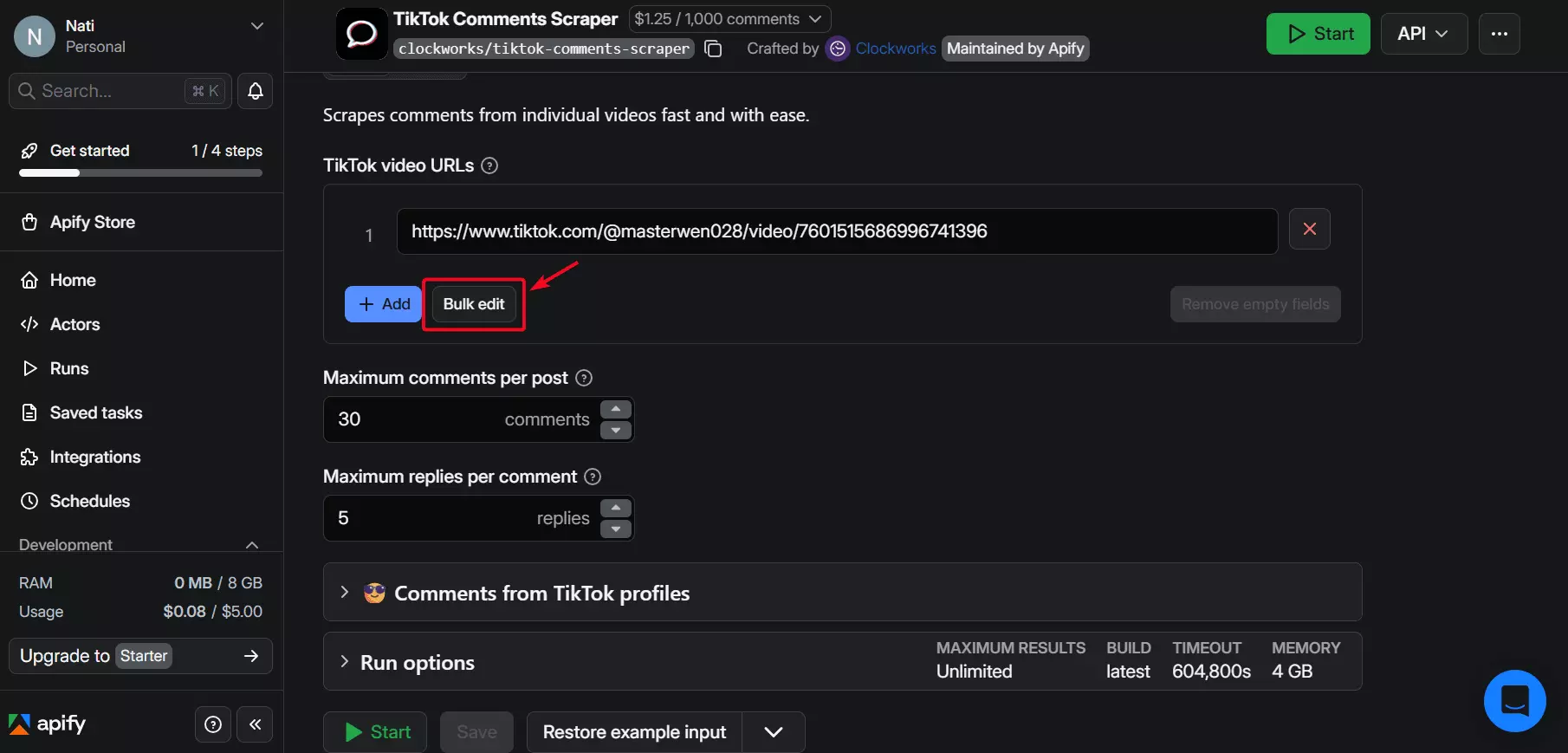 Apify multi-URL input interface for TikTok comment scraping