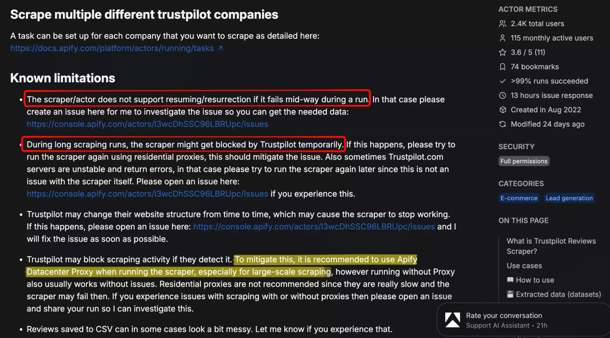 Apify — known limitations