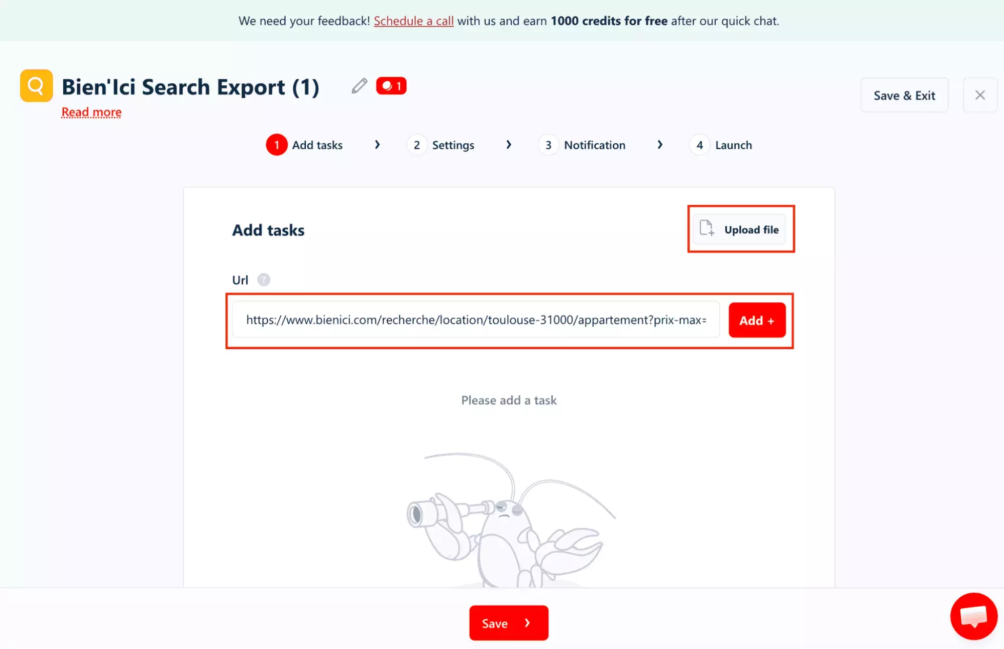 lobstr.io URL-first workflow — pasting a Bien'Ici search URL