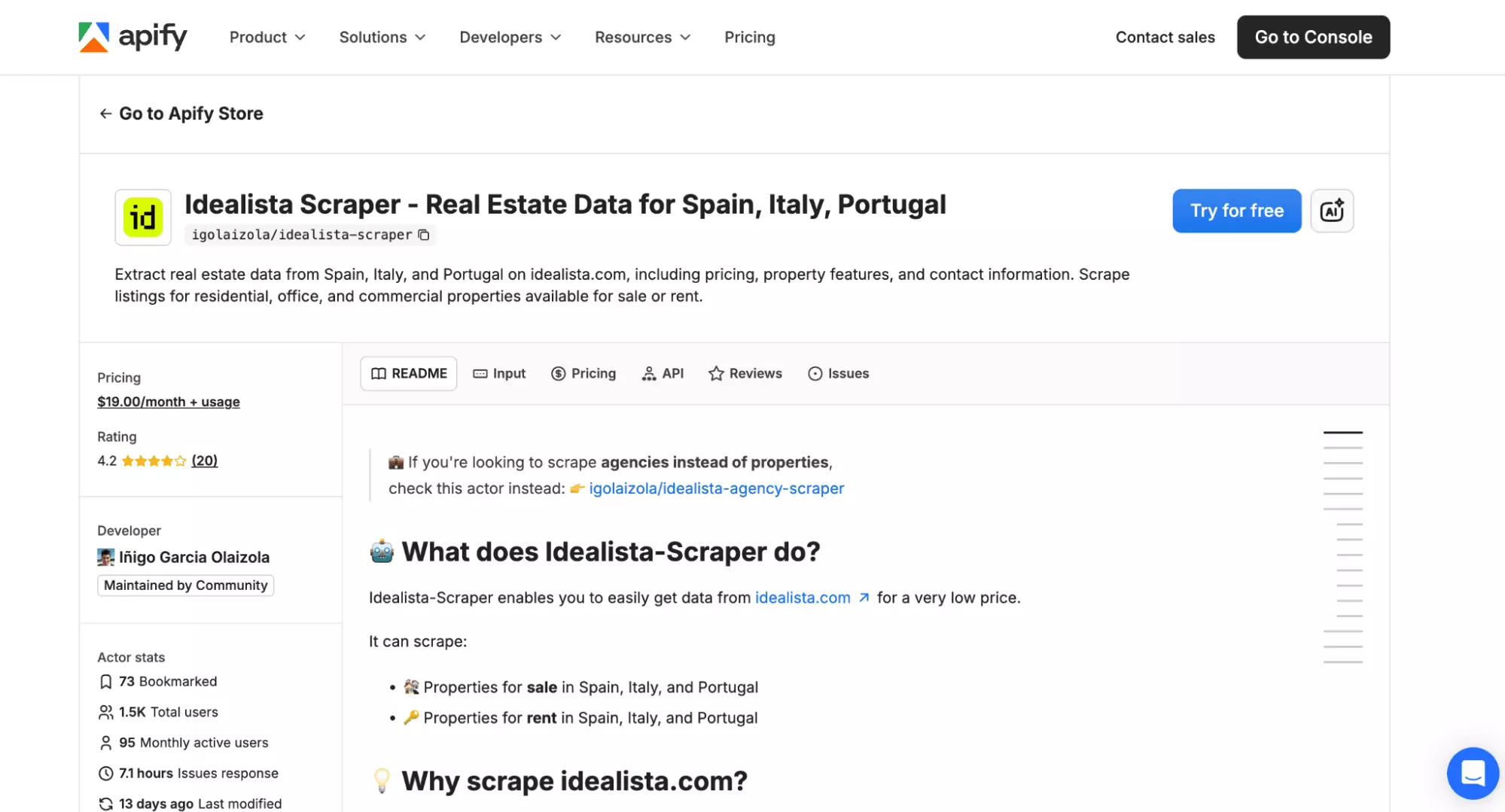 Apify Idealista scraper actor page on Apify Store
