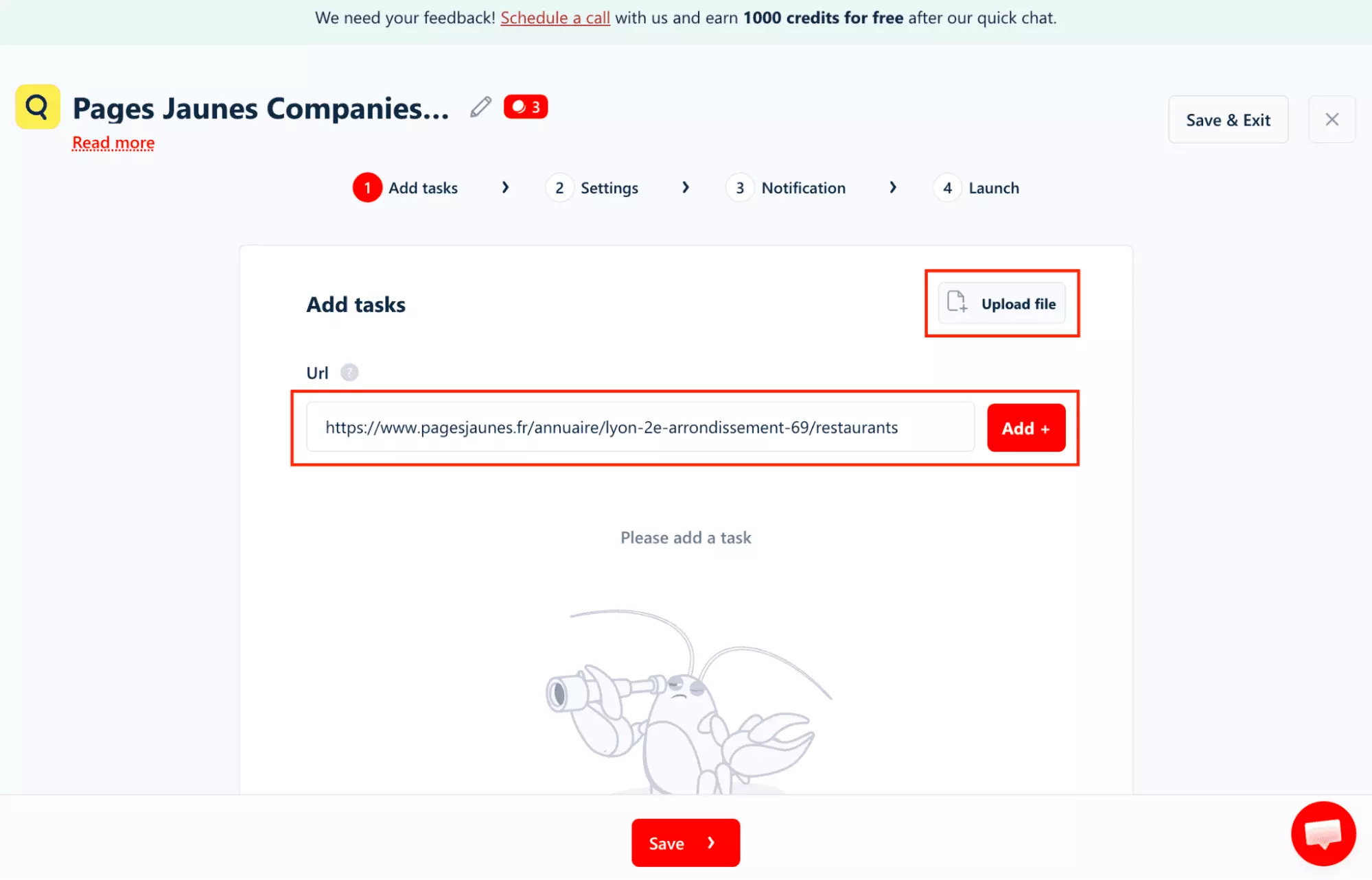 lobstr.io URL input and CSV upload options