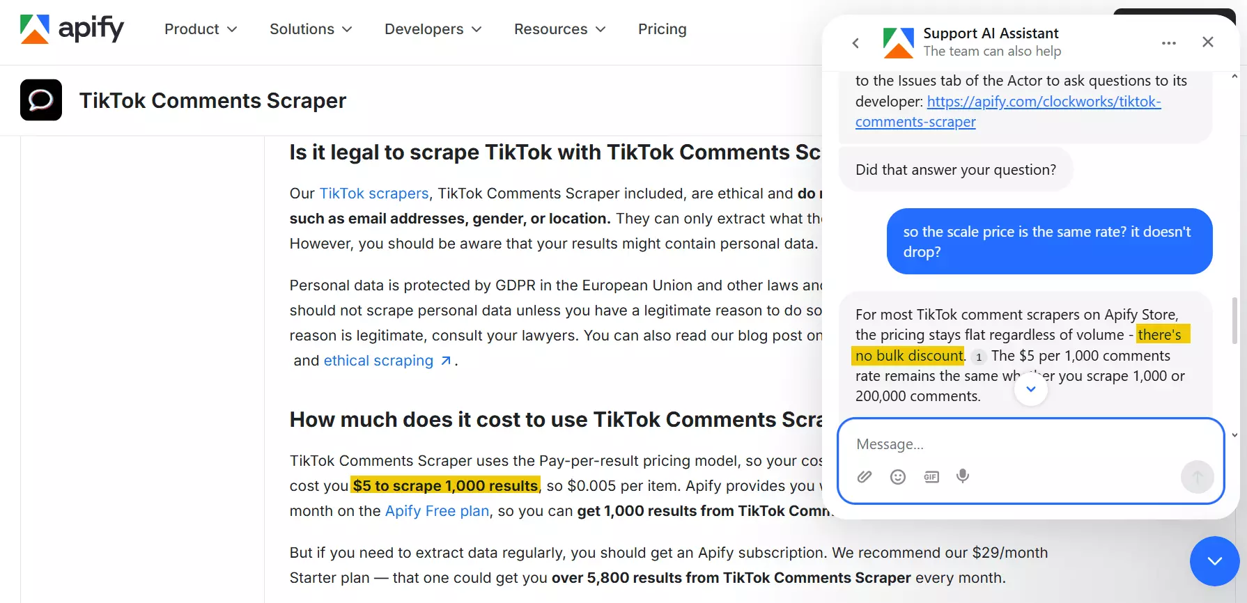 Apify support bot confirming no volume discounts available