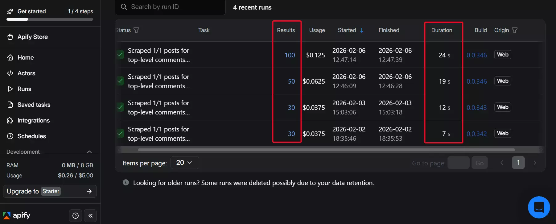 Apify speed test result — 200+ comments per minute