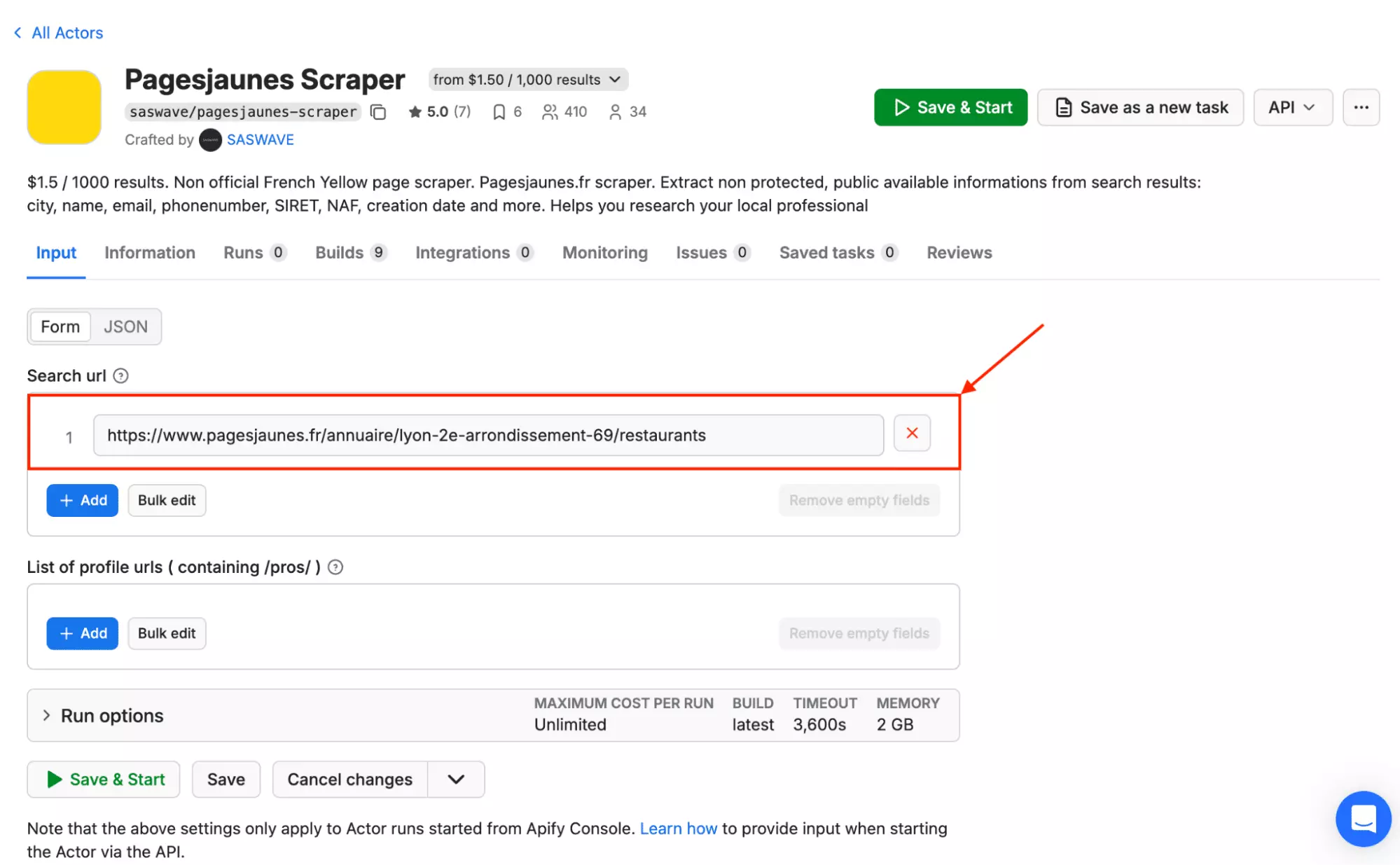 Apify URL input field