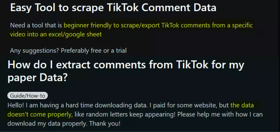Community posts and user reviews highlighting TikTok scraper pain points