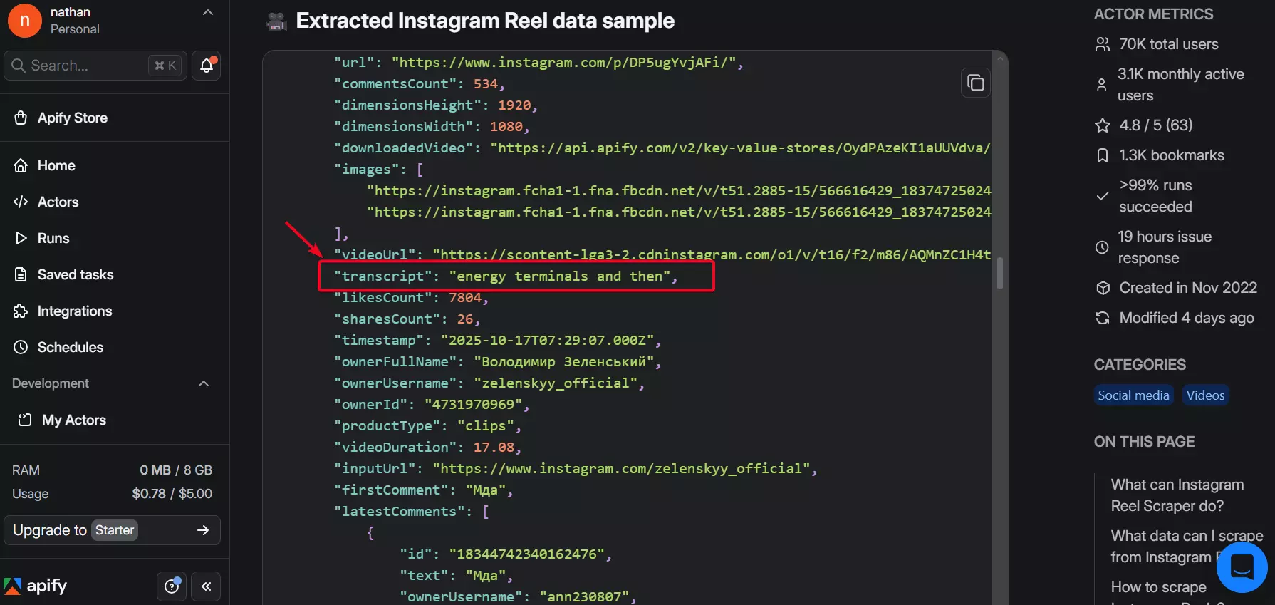 Apify transcript quality example