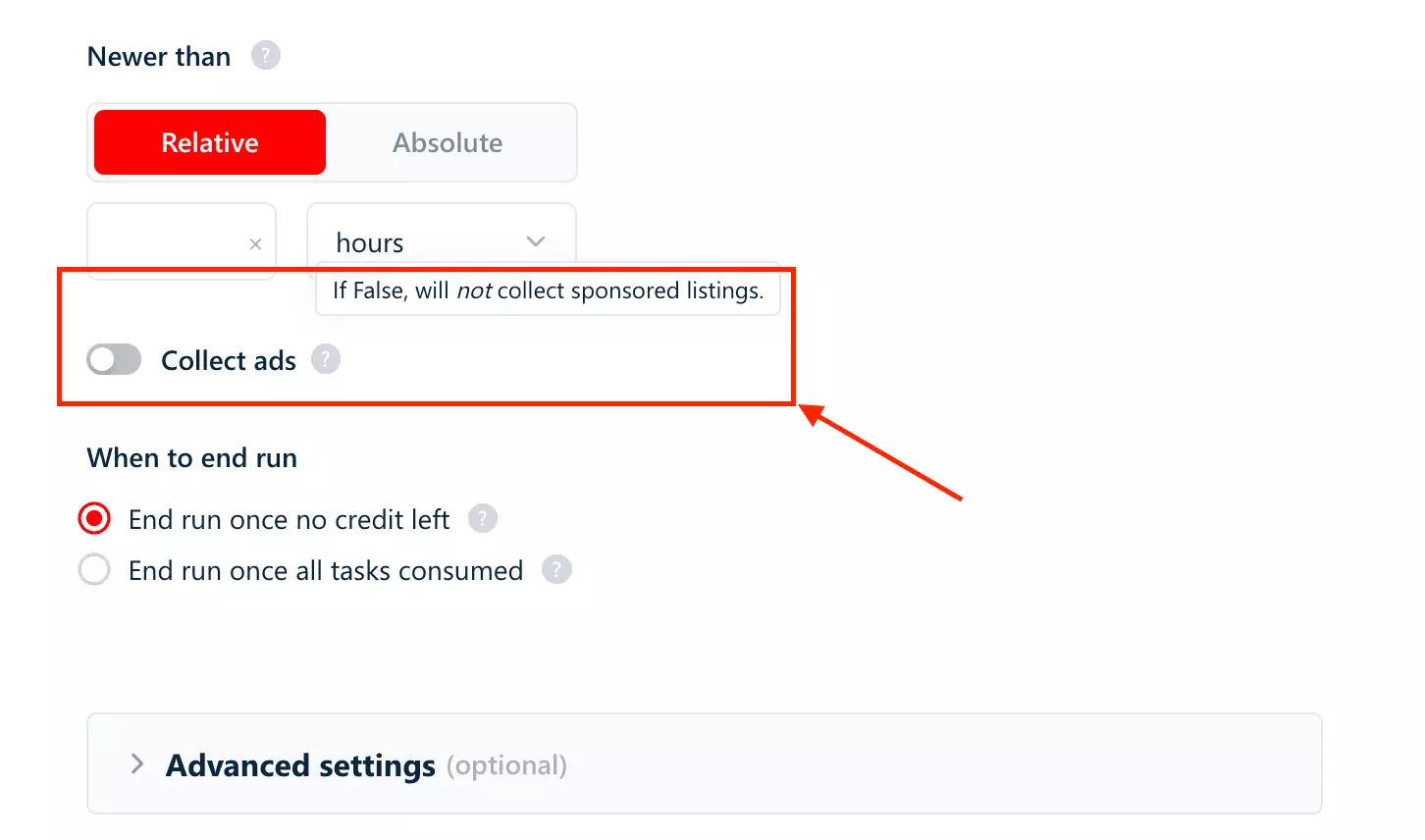 lobstr.io Collect Ads toggle for filtering sponsored listings