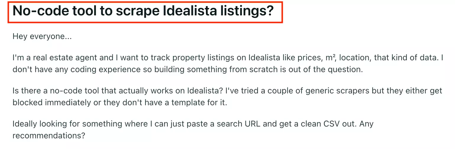 Reddit post showing users struggling to scrape Idealista