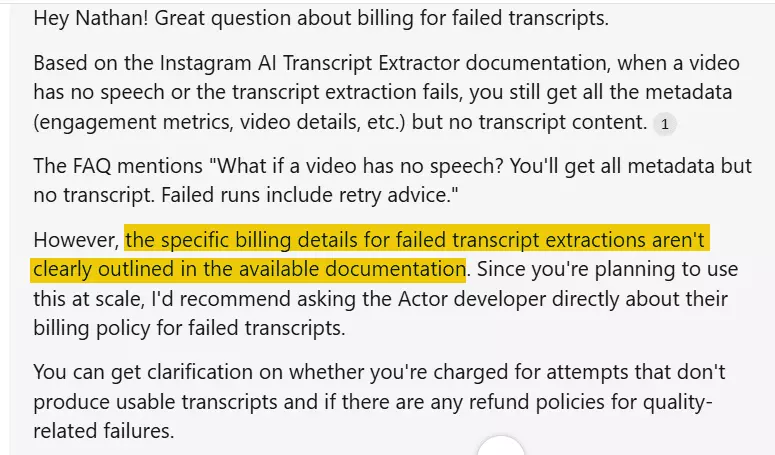 Apify support response about transcript billing