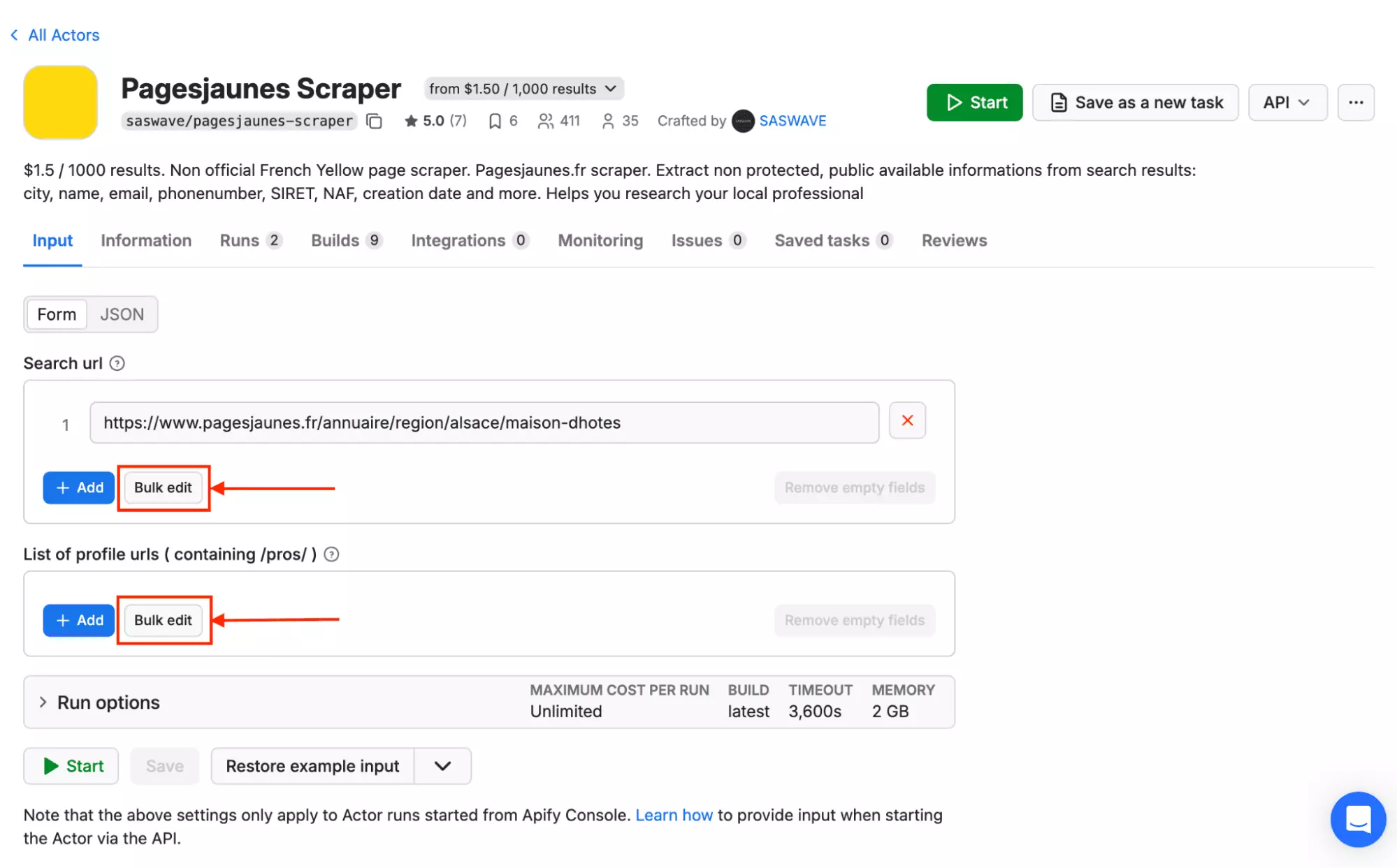 Apify bulk edit URL input