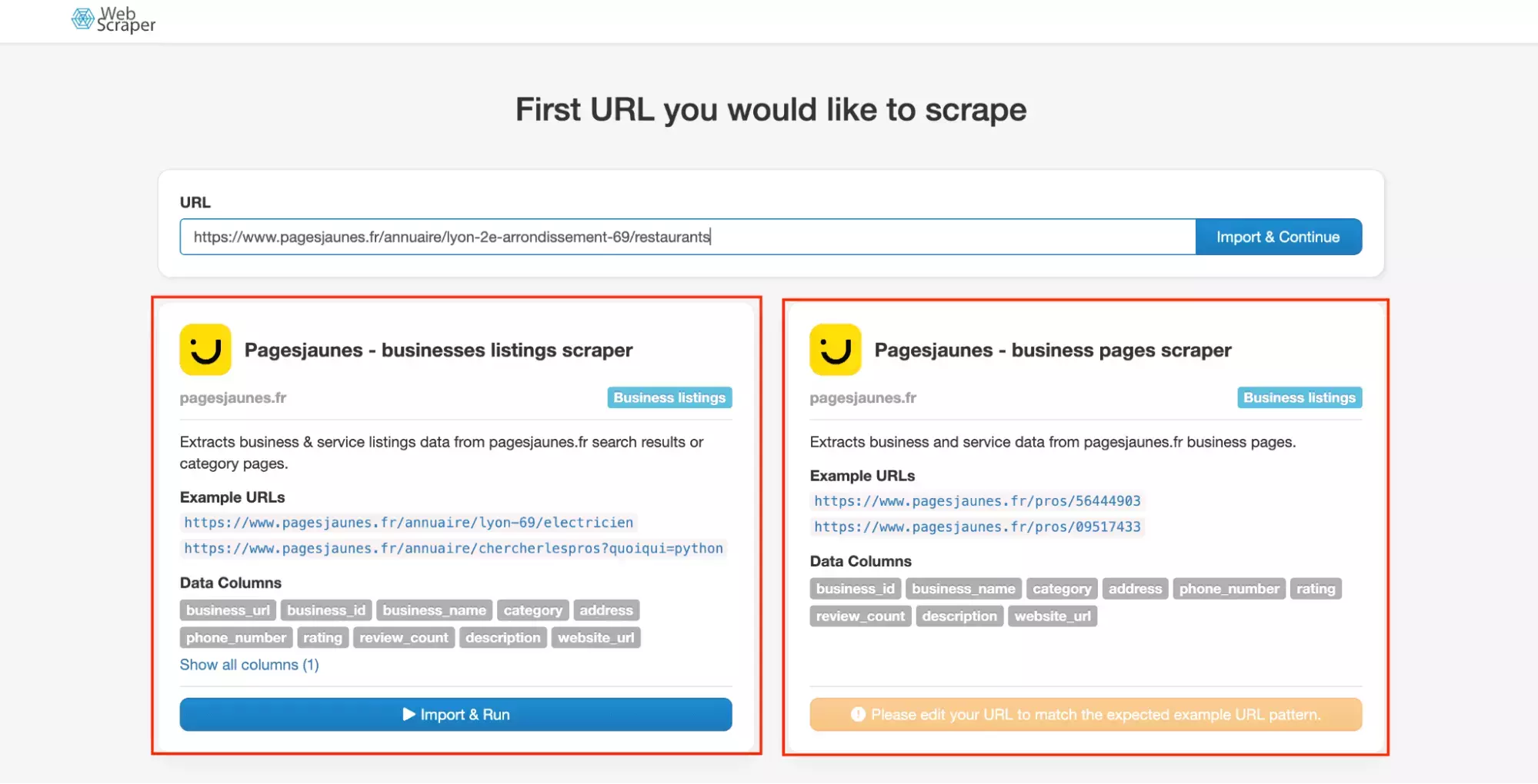 WebScraper.io PagesJaunes scraper options