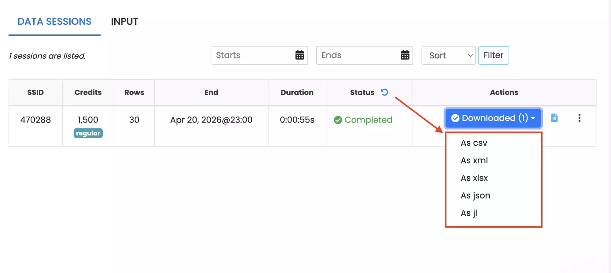WebAutomation.io data export showing CSV, XML, and XLSX format options