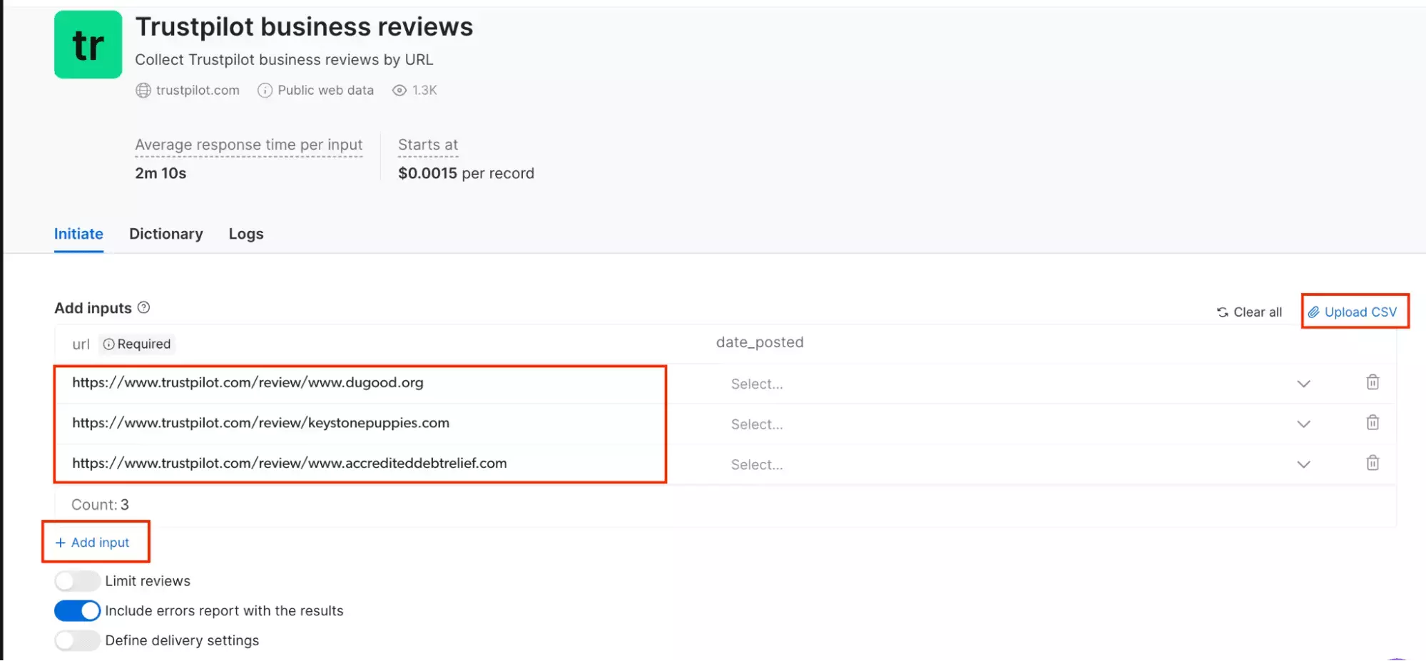 Brightdata bulk URL and CSV upload interface