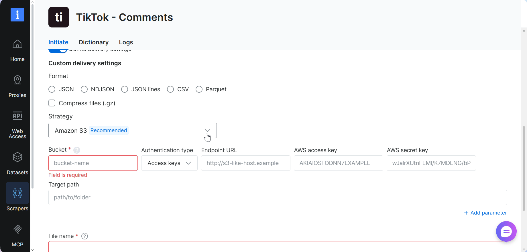 Bright Data export and automated delivery options