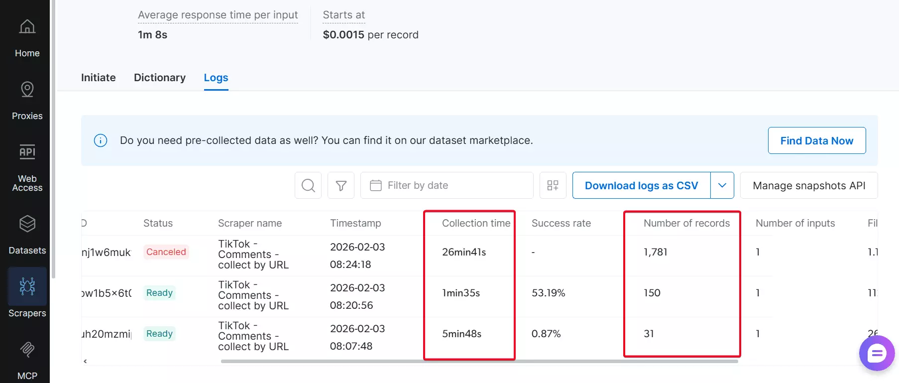 Bright Data speed test result — 50+ comments per minute