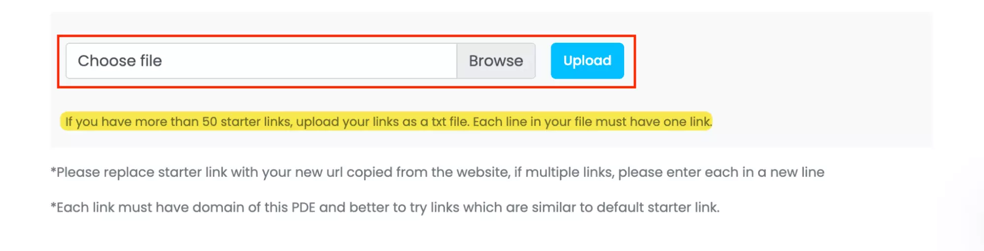 WebAutomation.io bulk URL input showing .txt file upload option for 50+ links