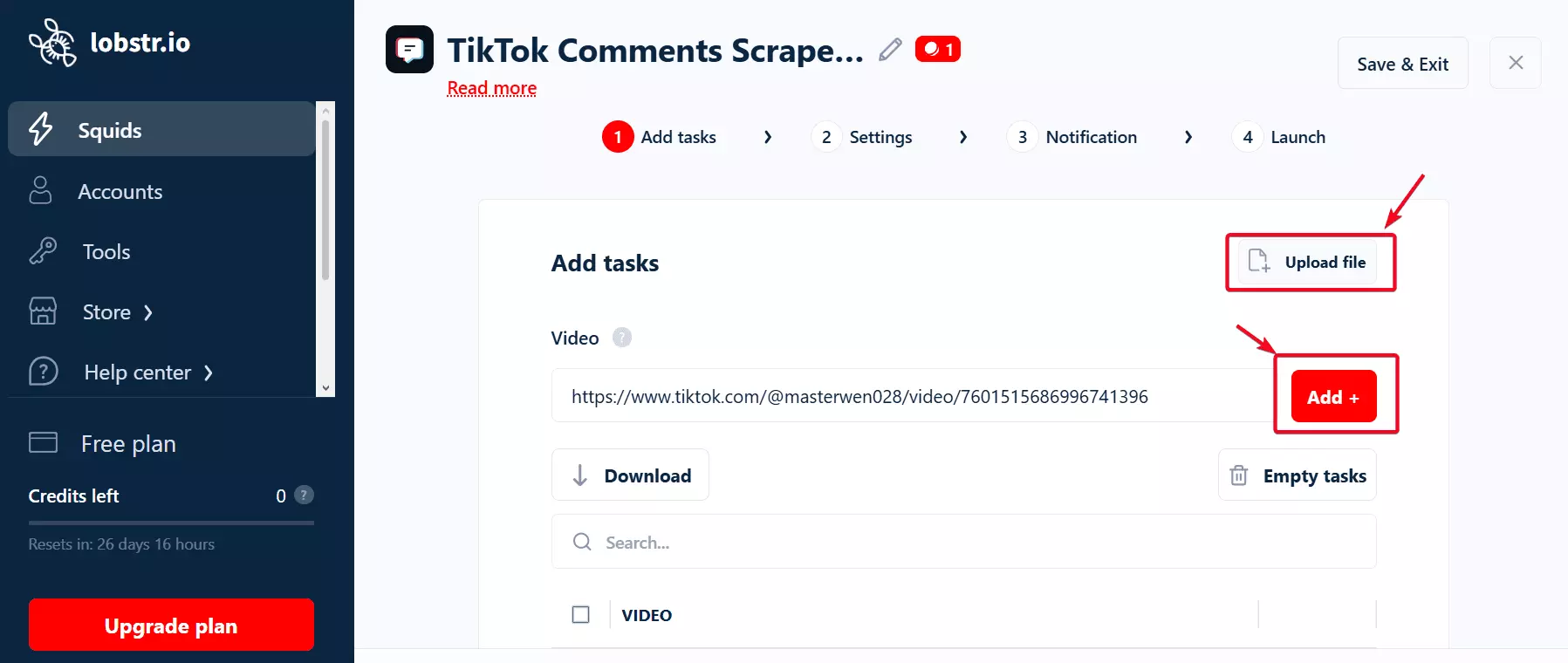 lobstr.io bulk CSV upload interface for TikTok video URLs