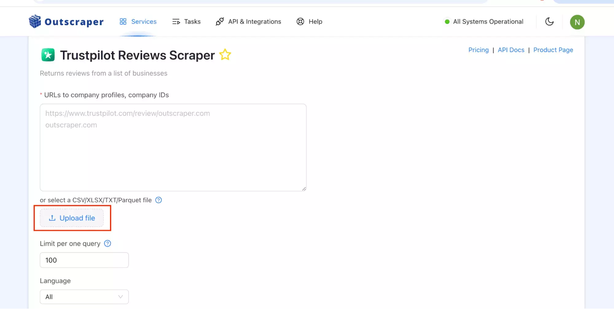 Outscraper bulk URL import interface