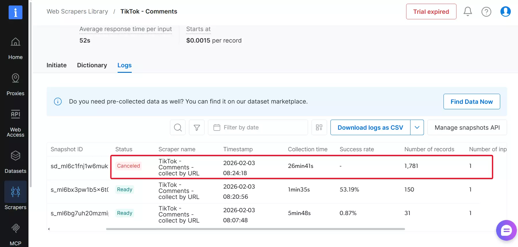 Bright Data scraper freezing on posts exceeding 1,000 comments