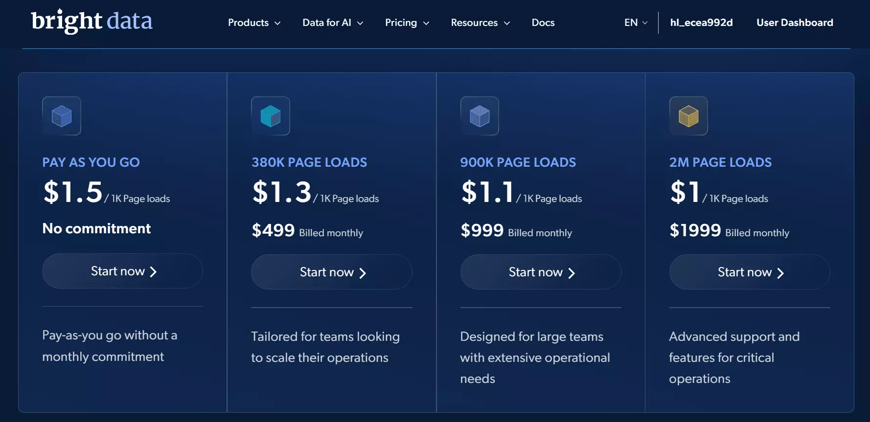 Bright Data pricing options