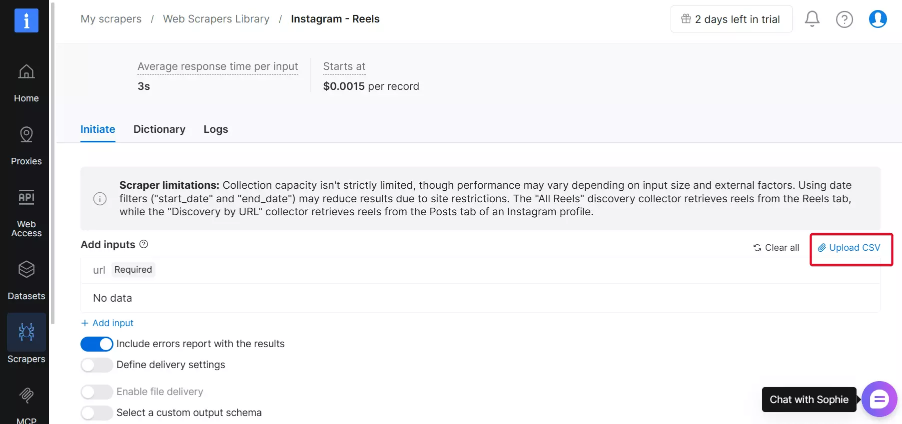 Bright Data CSV bulk upload interface