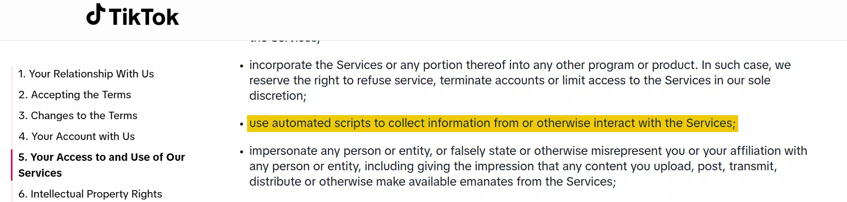 TikTok Terms of Use restricting automated data collection